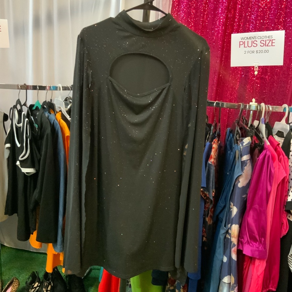 Black Long-Sleeve Sparkle Cutout Top - Women's